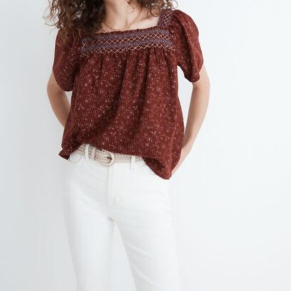 Madewell Square Neck Smocked Top Burgundy Red Embroidered Dotted Vines Small - Picture 1 of 8